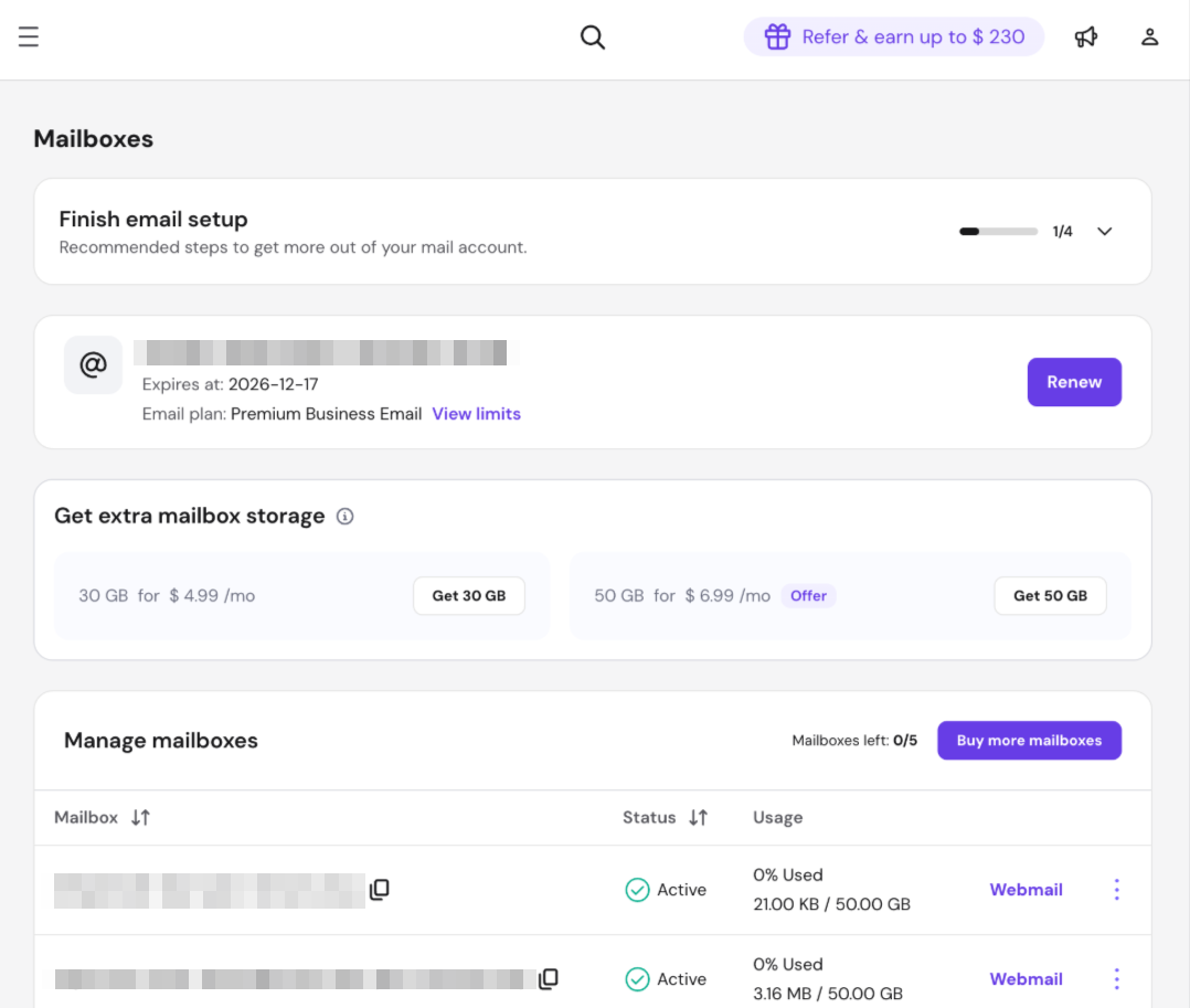 Email hosting mailbox management page with storage options and active business email accounts