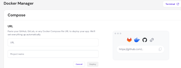 Docker Manager compose page with URL and project name fields, deploy button, and GitHub/GitLab icons