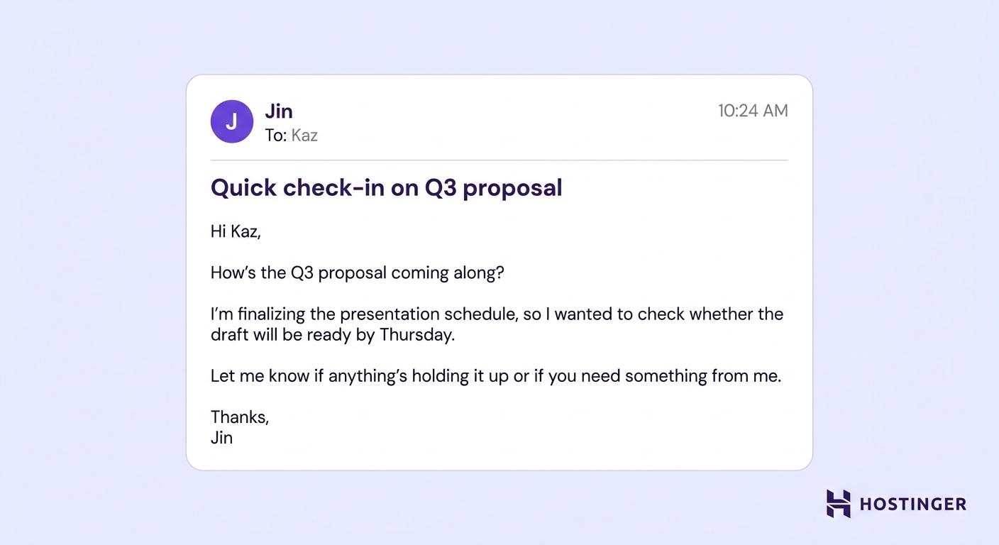 Casual business email example: project check-in email