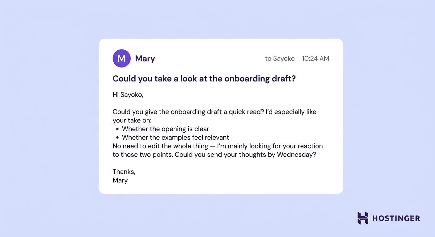 Casual business email example: feedback request email