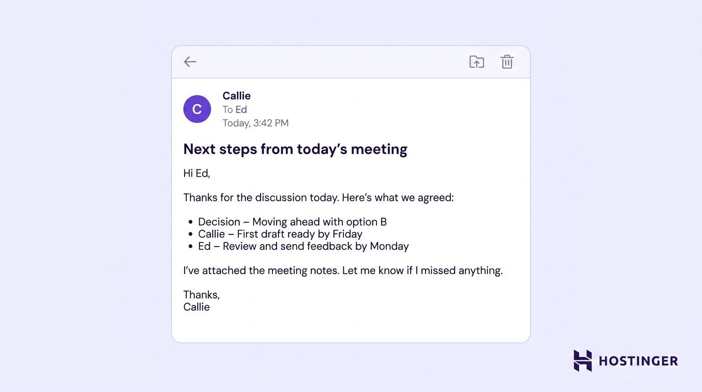 Casual business email example: meeting follow-up email
