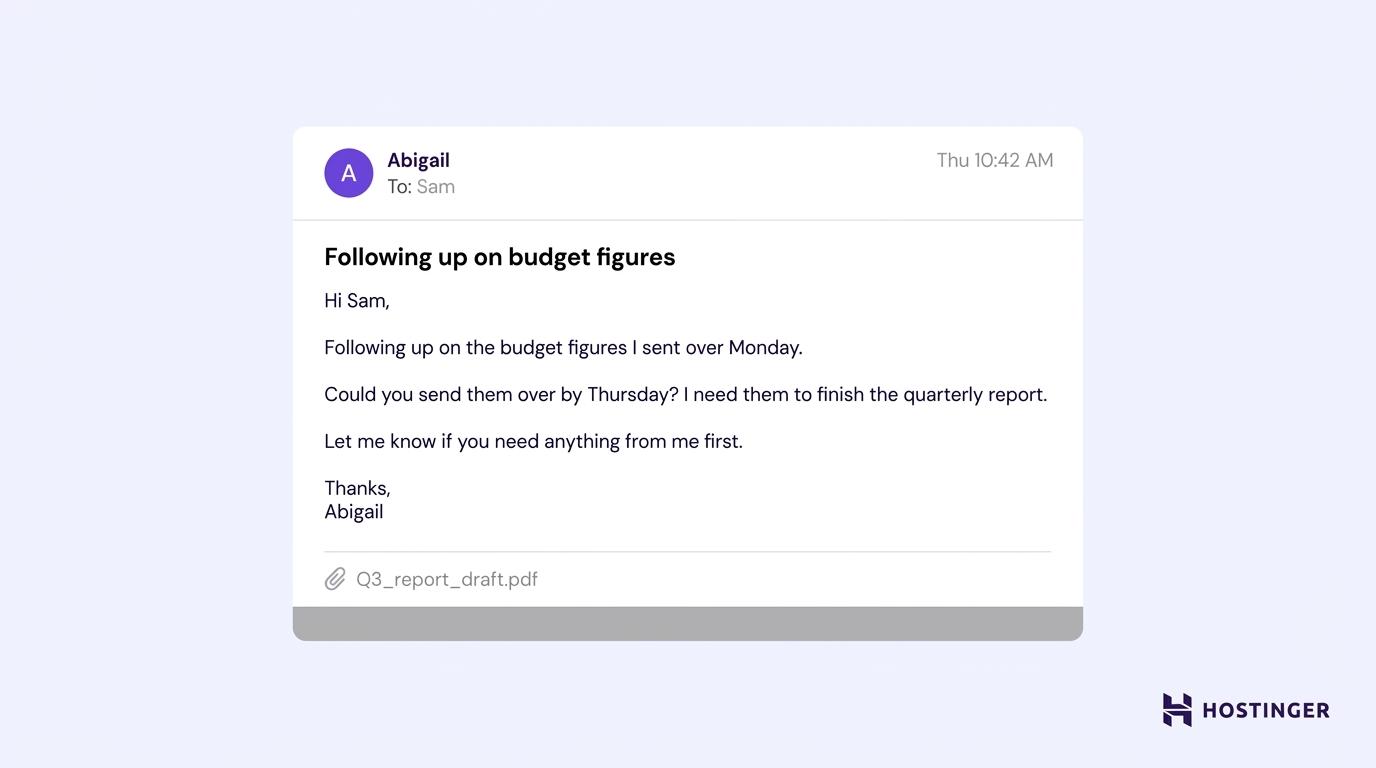 Casual business email example: delayed reply follow-up email
