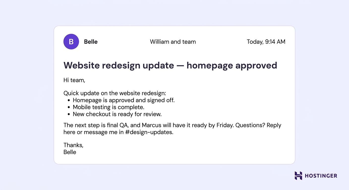 Casual business email example: team update email