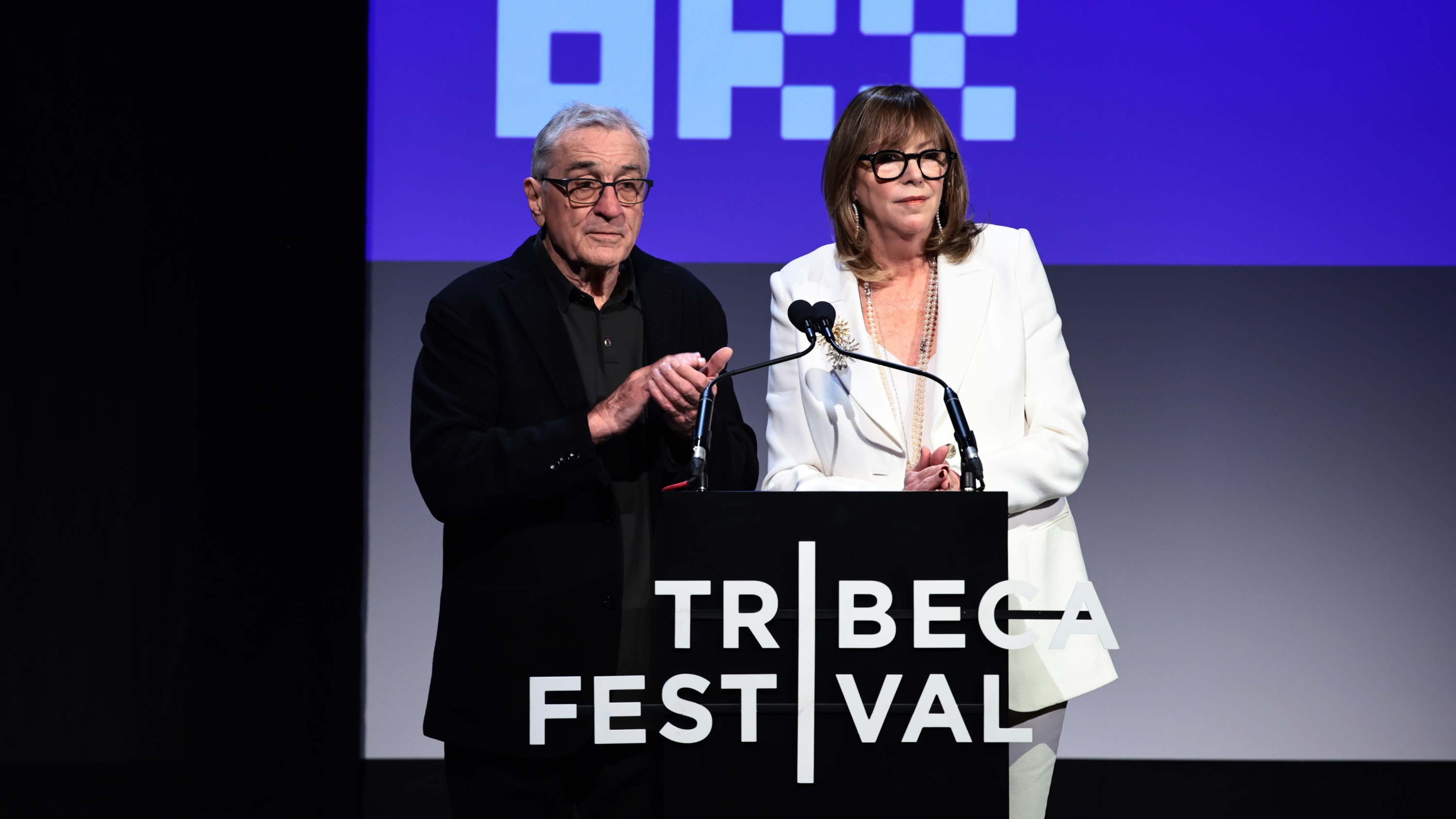 Robert De Niro and Jane Rosenthal speak onstage at the"Kiss The Future" Opening Night during the 2023 Tribeca Festival