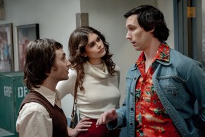 SATURDAY NIGHT, from left: Gabriel LaBelle, as Lorne Michaels, Kaia Gerber, as Jacqueline Carlin, Cory Michael Smith, as Chevy Chase, 2024. ph: Hopper Stone / © Sony Pictures Releasing / Courtesy Everett Collection