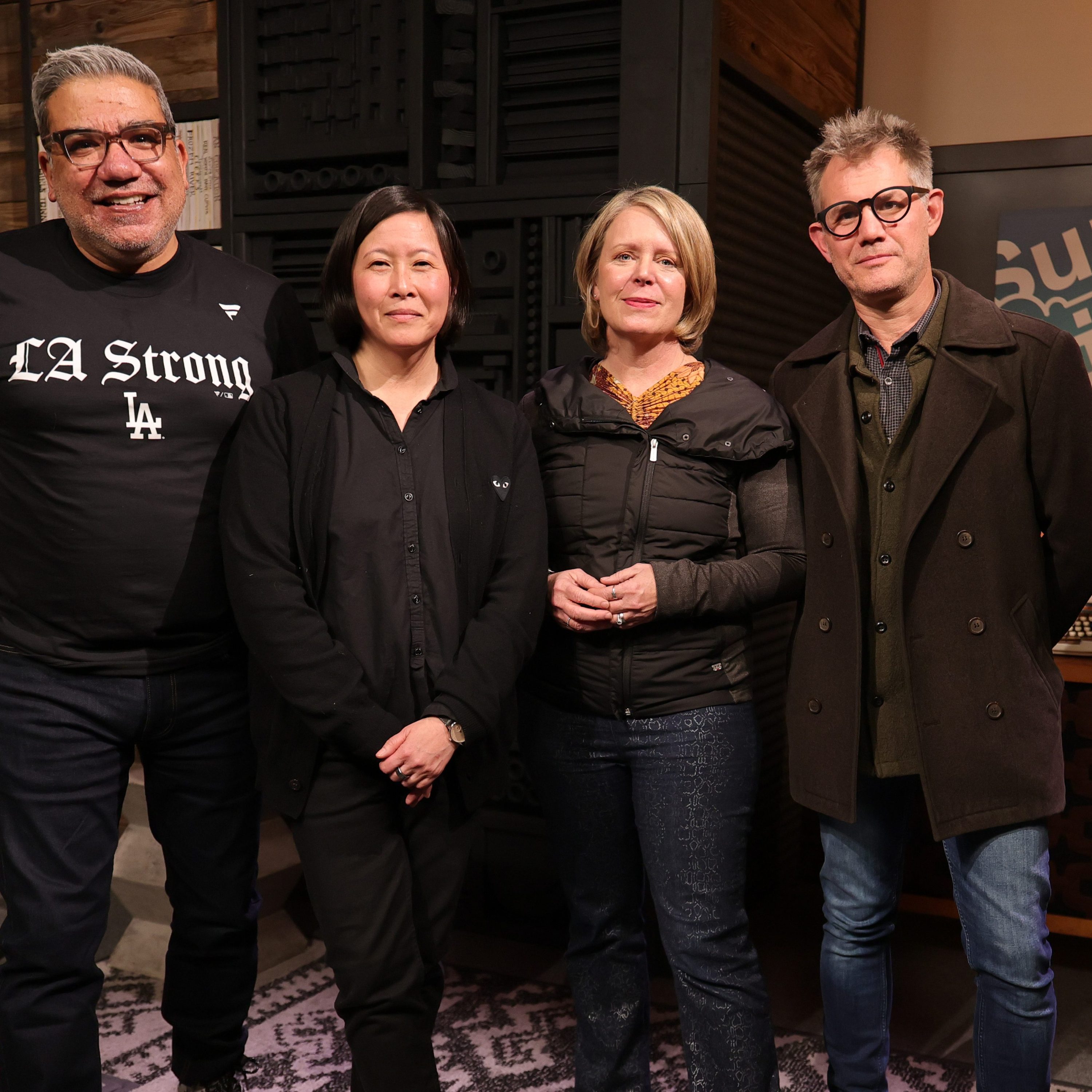 PARK CITY, UTAH - JANUARY 22: (L-R) Director of the Sundance Film Festival and Public Programming, Eugene Hernandez, Director of Programming Sundance Film Festival  Kim Yutani, Sundance Film Festival CEO Amanda Kelso and Senior Programmer John Nein attend a press gathering during the 2025 Sundance Film Festival at Filmmaker Lodge on January 22, 2025 in Park City, Utah. (Photo by Neilson Barnard/Getty Images)