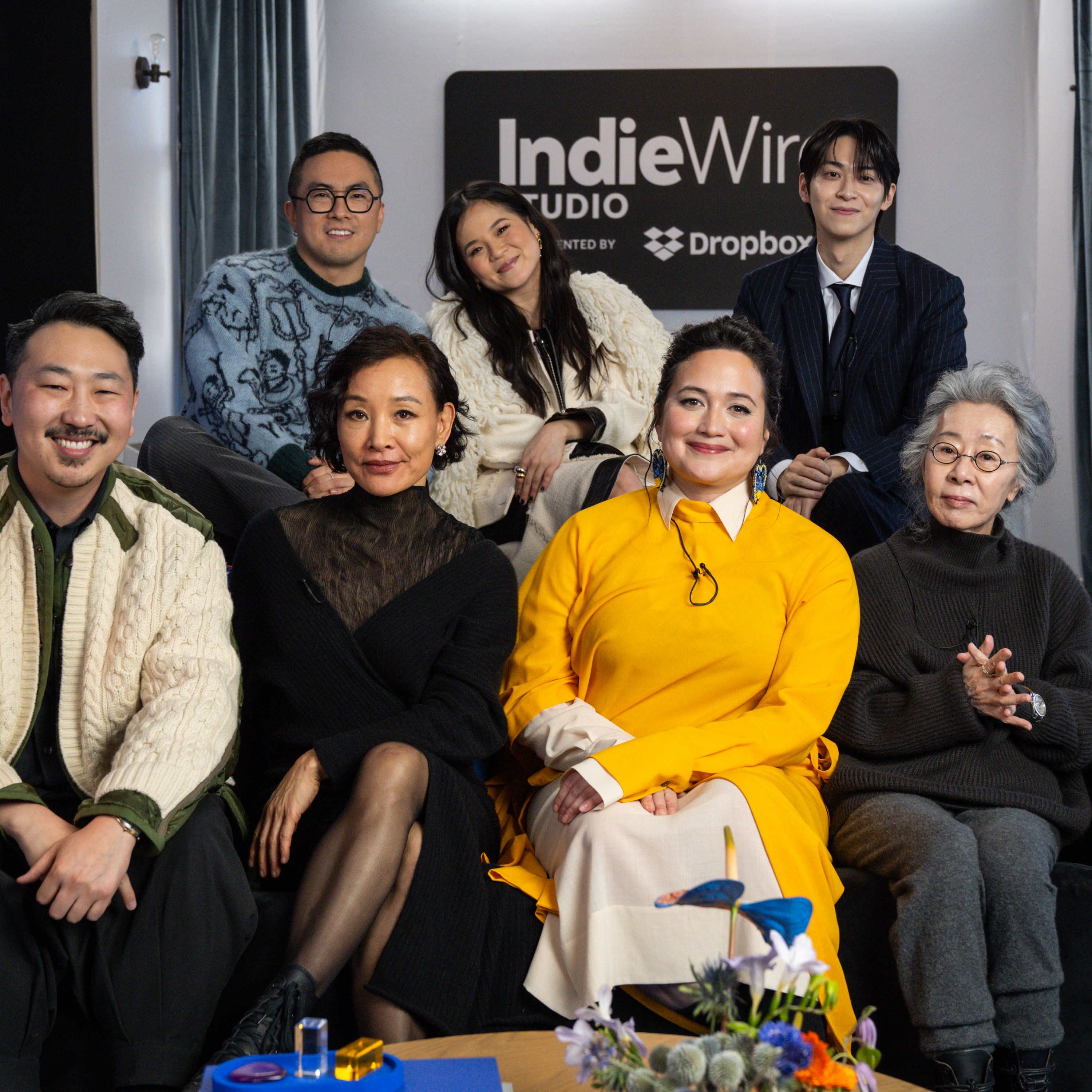 Andrew Ahn, Bowen Yang, Joan Chen, Kelly Marie Tran, Lily Gladstone, Han Gi-chan, Youn Yuh-jung at the IndieWire Studio 2025 at Sundance presented by Dropbox held at The IndieWire Studio on January 26, 2025 in Park City, Utah. (Photo by Clayton Chase/IndieWire via Getty Images)