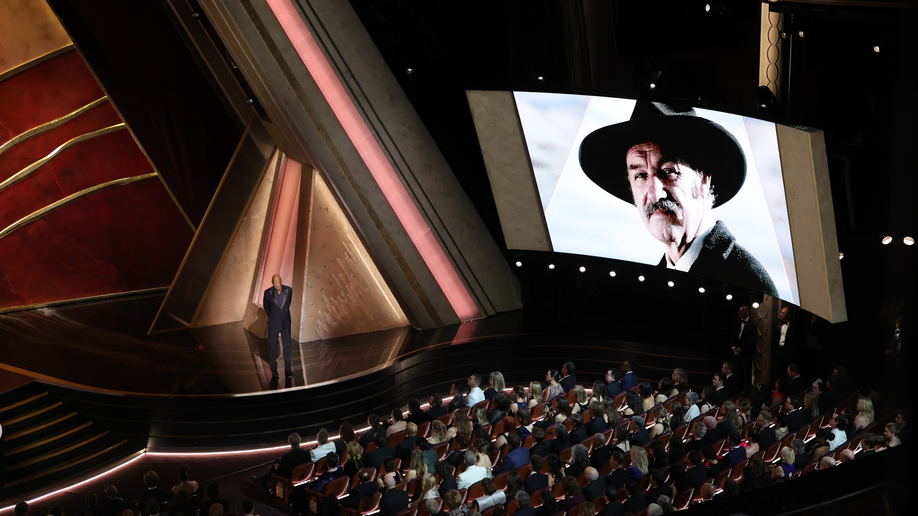 HOLLYWOOD, CALIFORNIA - MARCH 02: Morgan Freeman speaks onstage during the 97th Annual Oscars at Dolby Theatre on March 02, 2025 in Hollywood, California.  (Photo by Kevin Winter/Getty Images)