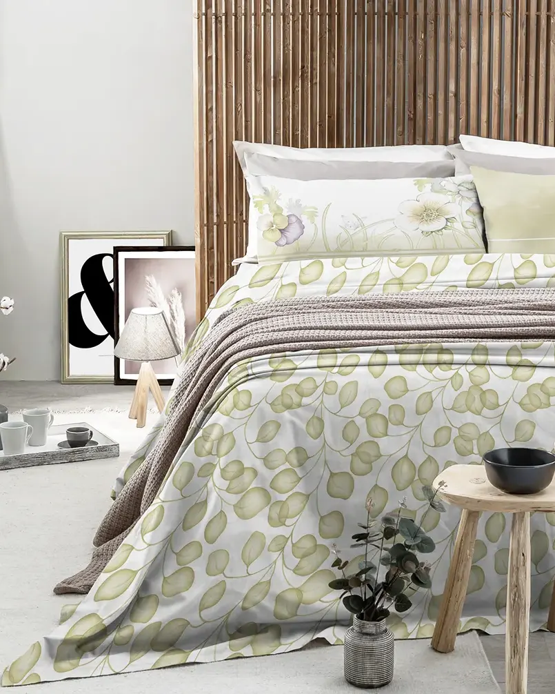 lenzuola-thun-set-bloom-copertina-cat. letto con lenzuola in cotone thun verdi stampate