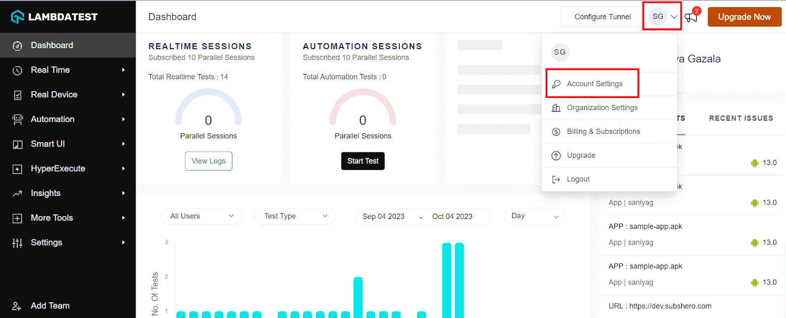 LambdaTest dashboard Account Settings