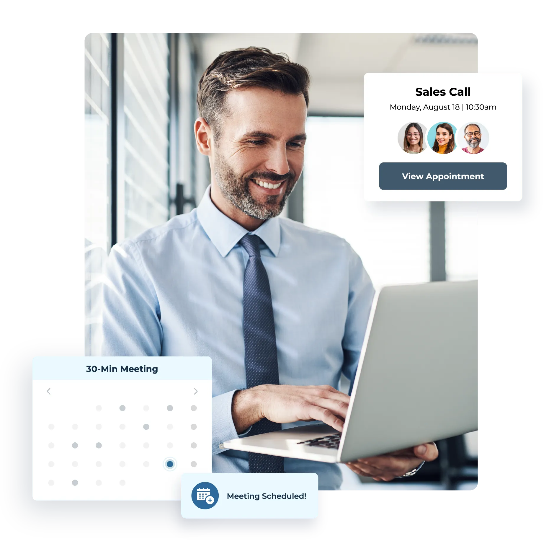 professional salesman working at a laptop and getting a notification a meeting has been scheduled