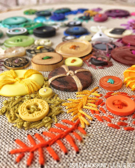 Embroidery and button art on linen embroidery hoop Embroidery and button art on linen embroidery hoop