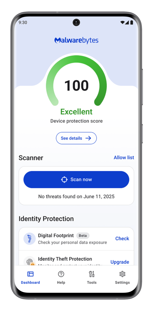 Malwarebytes Mobile Security App dashboard for Android
