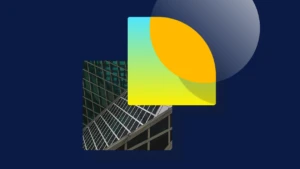 Abstract design incorporating a close-up image of a side of a building, against a dark blue background.