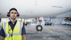 An airline worker standing beside a plane