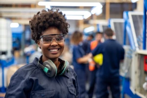 A woman wearing protective glasses and headphones