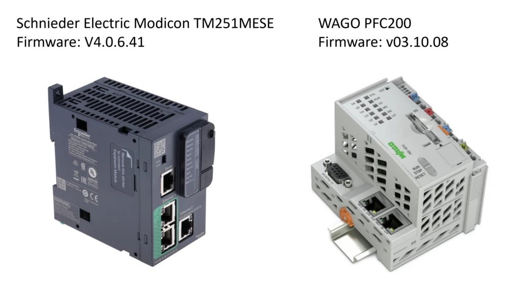 The left image depicts the Schneider Electric Modicon TM251MESE with firmware version V4.0.6.41. The right image depicts the WAGO PFC200 with firmware version v03.10.08.