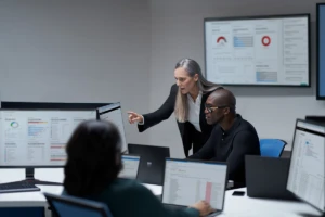 Photo of a security team huddling in security operations center