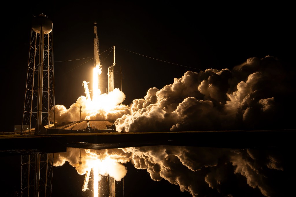 Image show plumes following rocket launch from NASA's Kennedy Space Center in Florida.