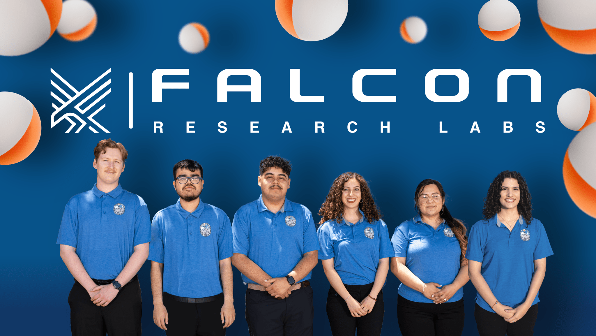 Six people, including community college students, in blue shirts stand in front of a blue background with white text and graphics.