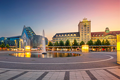 Leipzig city fountain and buildings