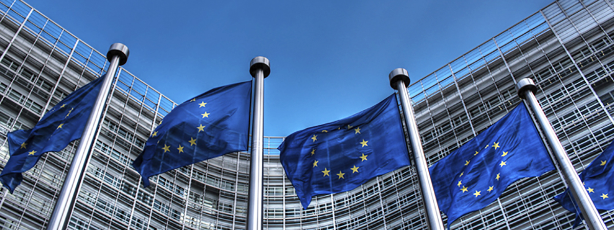 EU-flagg mot blå himmel i Brussel. Foto.