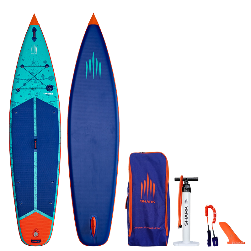 Shark Cruiser Flow 11'6 inflatable paddle board with complete accessory package for all skill levels, ideal as a beginner paddleboard