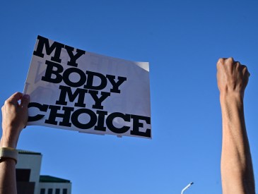 TOPSHOT - Pro-abortion rights demonstrators rally in Scottsdale, Arizona on April 15, 2024. The top court in Arizona on April 9, 2024 ruled a 160-year-old near total ban on abortion is enforceable, thrusting the issue to the top of the agenda in a key US presidential election swing state. (Photo by Frederic J. Brown / AFP) (Photo by FREDERIC J. BROWN/AFP via Getty Images)