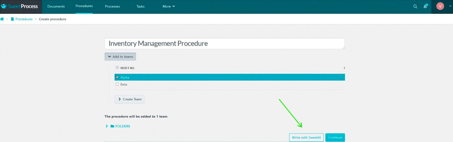 Next, enter a procedure title and assign it to teams. To use the AI, click "Write with SweetAI." The AI will analyze the title and generate a set of steps based on its understanding of the task.