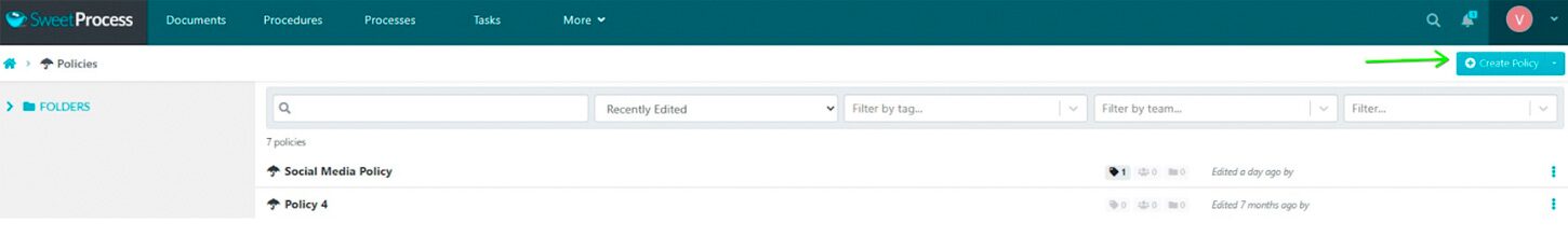 Once the policies page opens, click "Create Policy" at the top right-hand side.