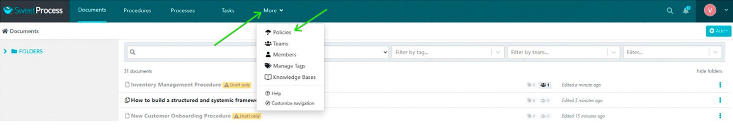 Creating policies with AI in SweetProcess follows a process similar to creating a policy from scratch. Click the “Policy” tab and “Create Policy.”