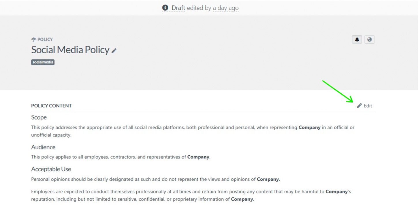If you need to change the AI-generated content, click the pencil icon at the top of the policy content section. Make sure you click “Save Changes” to save your policy content.