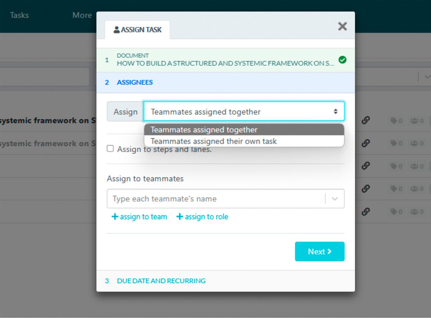 Find and select all the teammates you'd like to assign the task to. You can also assign the task to everyone in a team at once or to everyone with a particular role.