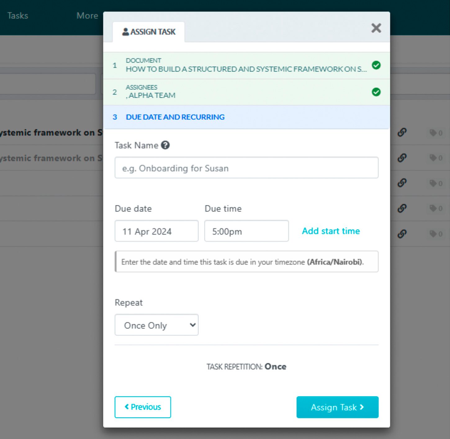 Next, fill out the task name, the due date, and the starting time for the task.