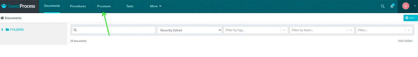 To create a process in SweetProcess, click the "Processes" tab and select the "Create Process" button.