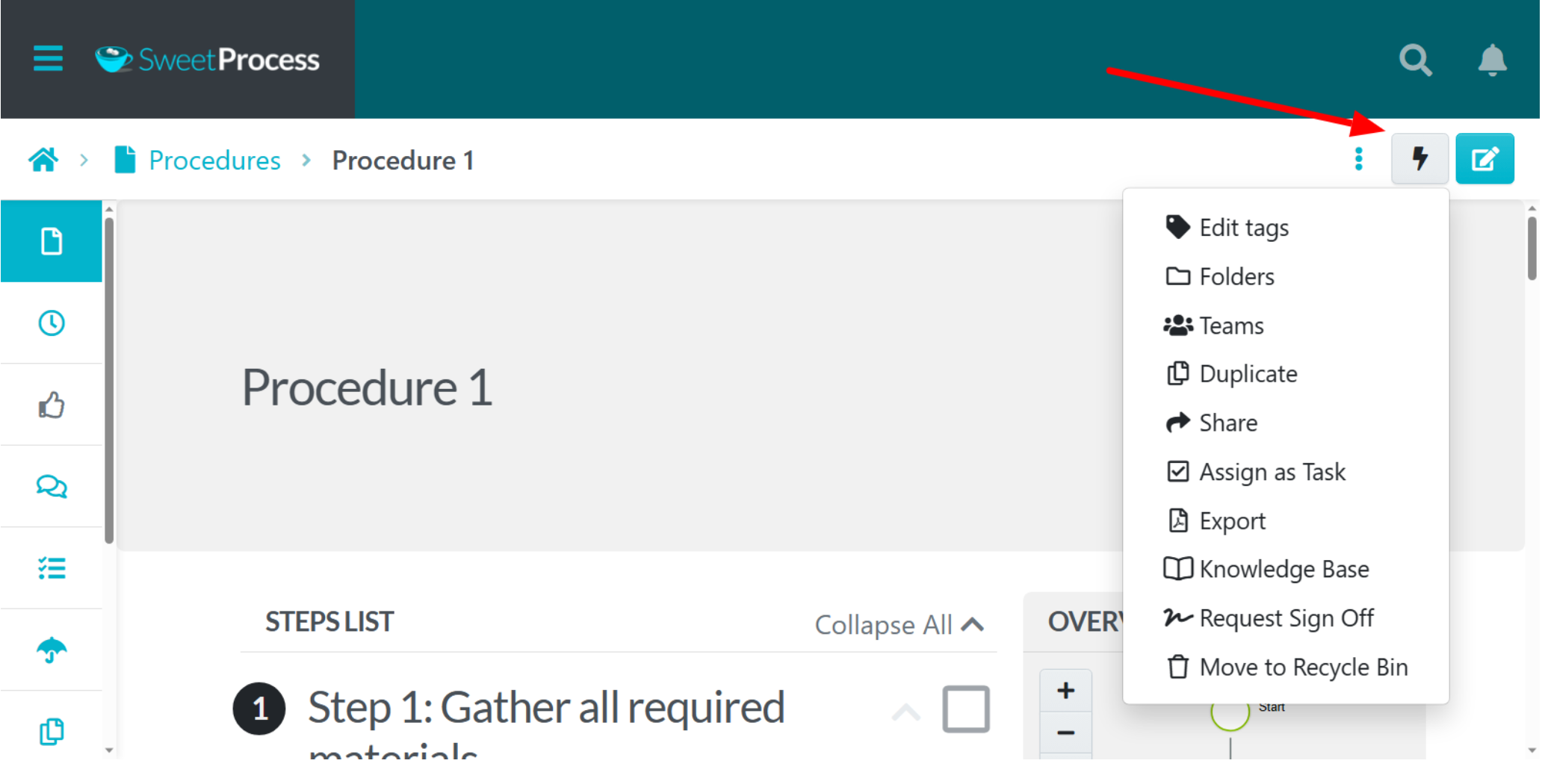 Open the specified procedure and click the action menu