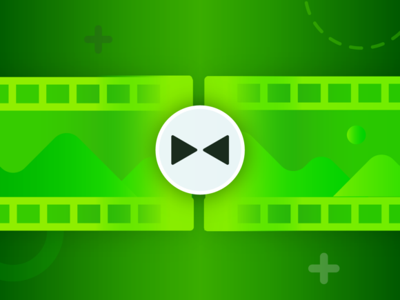 This image displays a graphic user interface of video editing software. The interface has a dark background with a green theme. In the center, there is a large play button. There are timeline tracks, segmented into different sections, suggesting the layers or tracks where video effects can be placed.