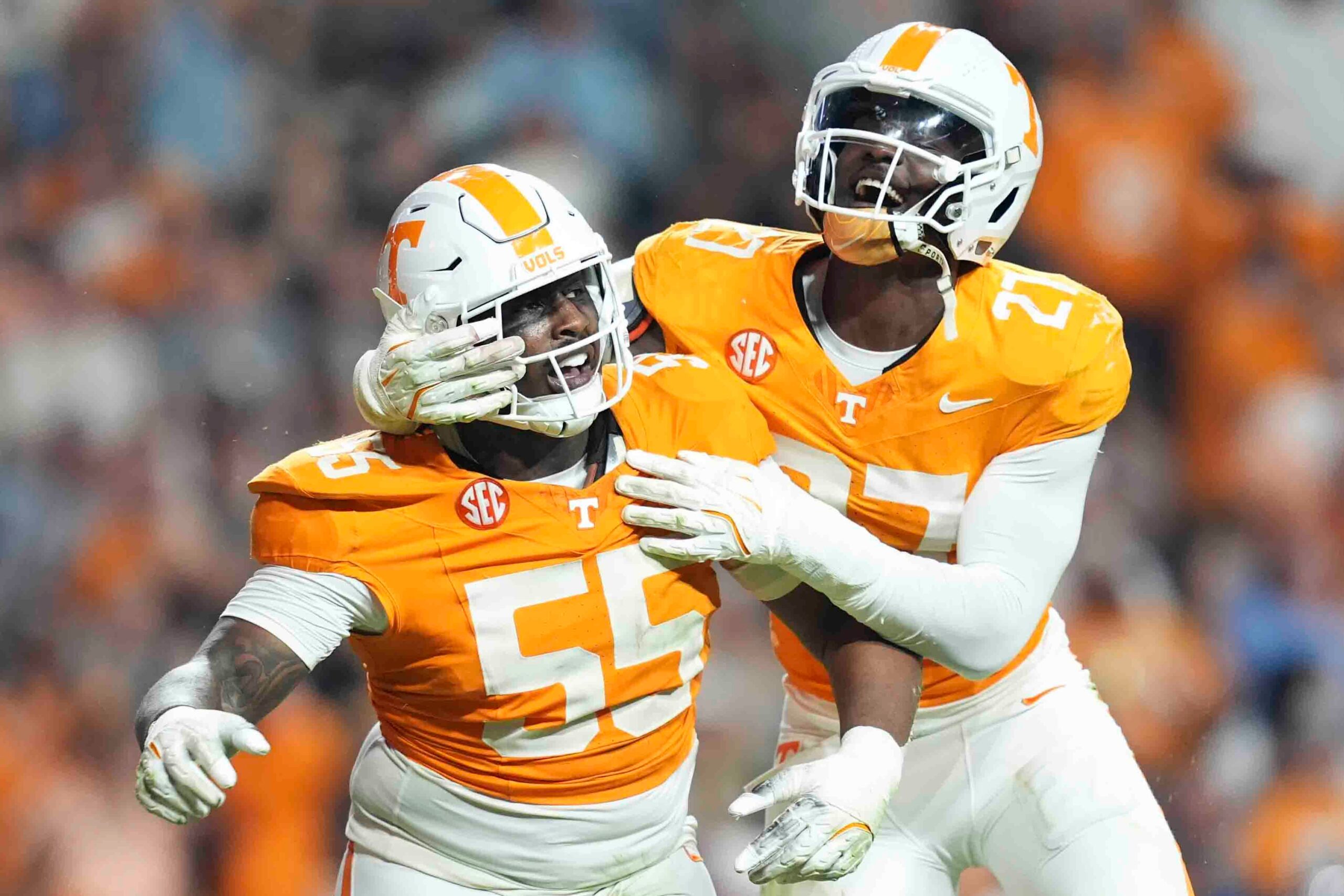 Tennessee’s Tennessee defensive lineman James Pearce Jr. (27) celebraes Tennessee defensive lineman Omarr Norman-Lott’s (55) sack during an NCAA college football game between Tennessee and Mississippi State.