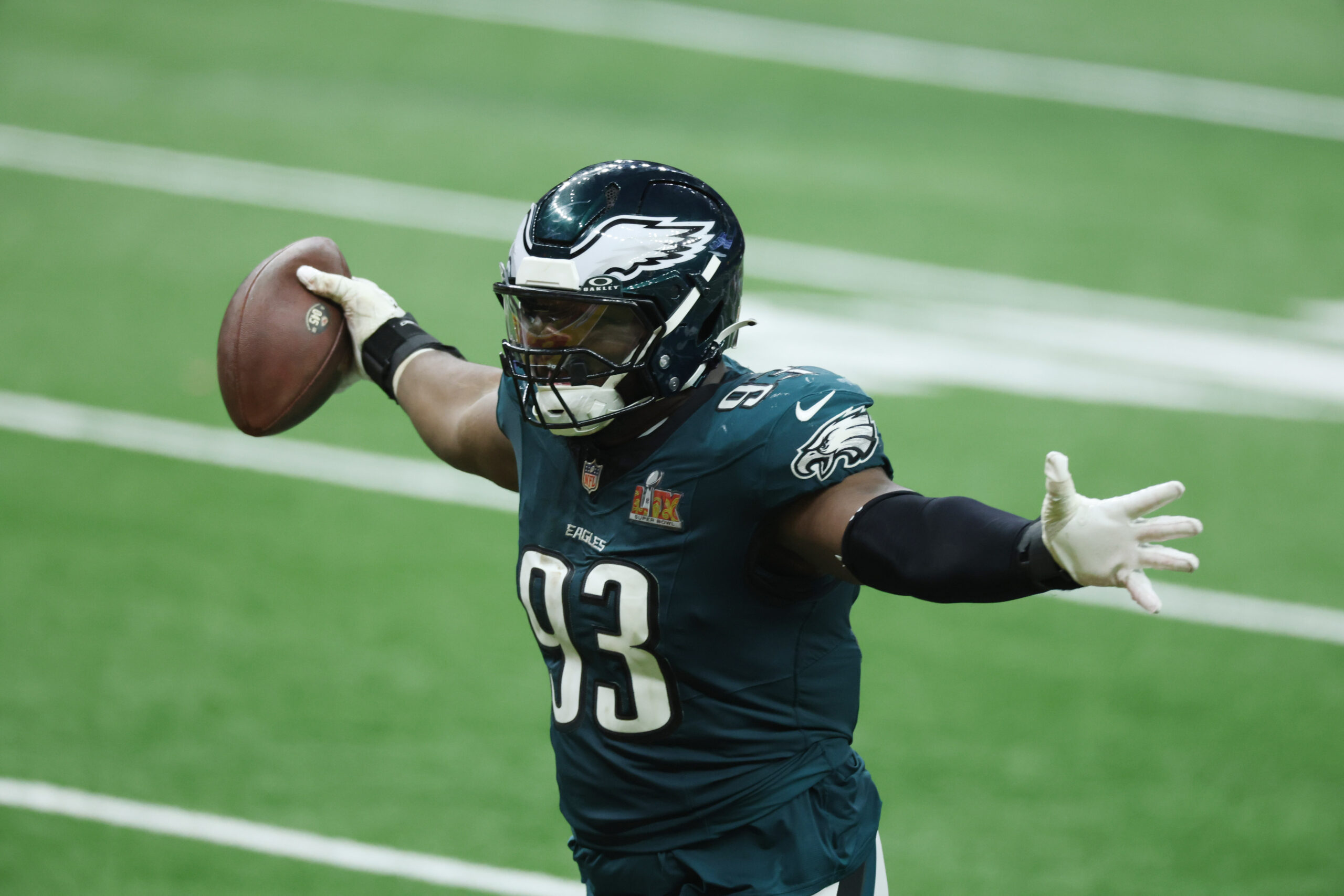 Philadelphia Eagles defensive tackle Milton Williams (93) celebrates a fumble recovery in the fourth quarter in Super Bowl LIX at Ceasars Superdome.