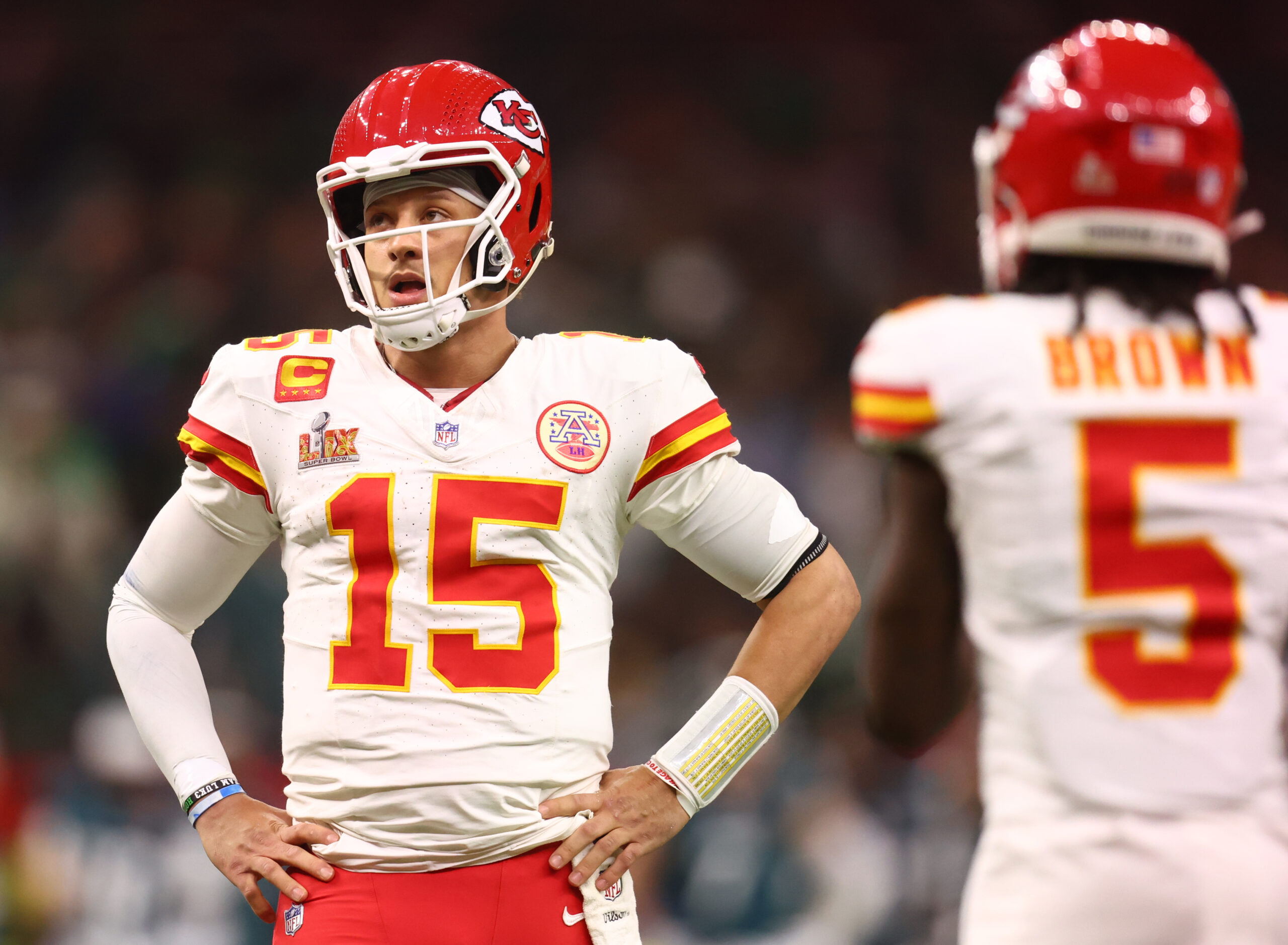 Kansas City Chiefs quarterback Patrick Mahomes (15) reacts in the fourth quarter against the Philadelphia Eagles in Super Bowl LIX at Ceasars Superdome.