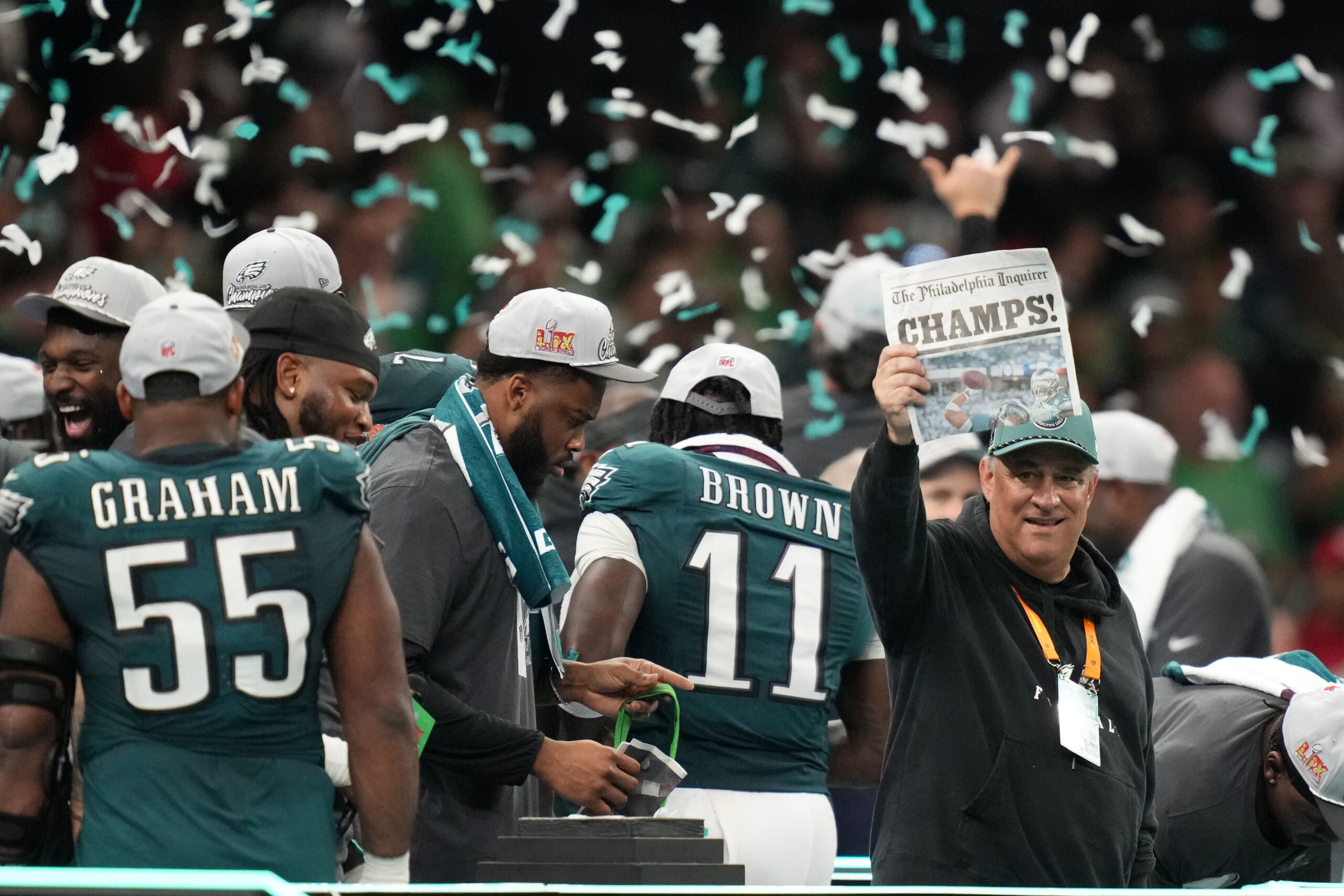 Philadelphia Eagles defensive coordinator Vic Fangio reacts after defeating the Kansas City Chiefs in Super Bowl LIX at Caesars Superdome.