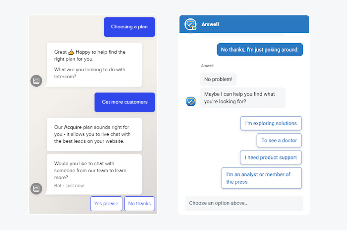 Intercom Messenger flow showing quick-reply buttons for a visitor choosing a plan