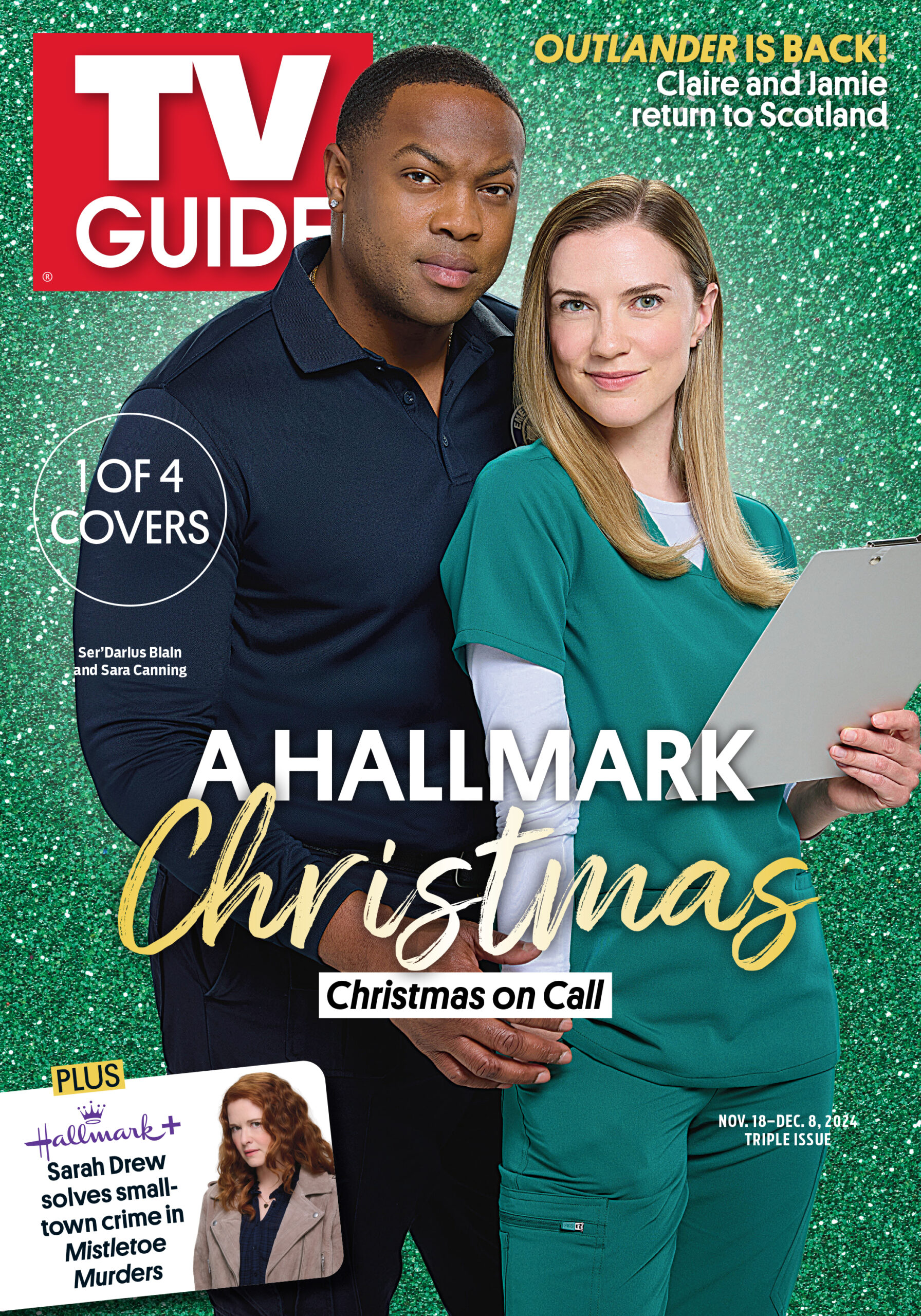 1 of 4 COVERS; OUTLANDER IS BACK: CLAIRE AND JAMIE RETURN TO SCOTLAND; A HALLMARK CHRISTMAS CHRISTMAS ON CALL; HALLMARK+ SARAH DREW SOLVES SMALL-TOWN CRIME IN MISTLETOE MURDERS