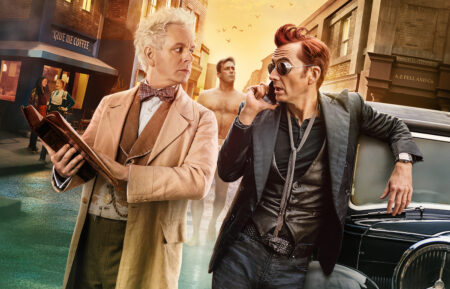 Michael Sheen, Jon Hamm, and David Tennant in 'Good Omens' Season 2 poster