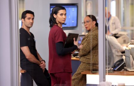 Dominic Rains as Dr. Crockett Marcel, Sophia Ali as Dr. Zola Ahmad, and S. Epatha Merkerson as Sharon Goodwin in 'Chicago Med' - Season 9, Episode 2