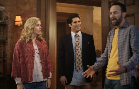 Rose McIver, Asher Grodman, and Jon Glaser in 'Ghosts' Season 3