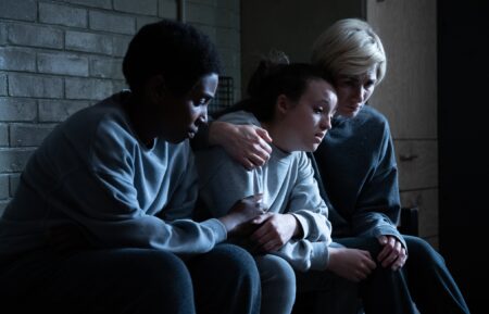 Tamara Lawrance as Abi, Bella Ramsey as Kelsey, Jodie Whittaker as Orla in Time