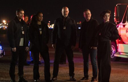 Rick Gonzalez as Det. Bobby Reyes, Danielle Moné Truitt as Sergeant Ayanna Bell, Christopher Meloni as Det. Elliot Stabler, Tate Ellington as Dr. Vargas, Ainsley Seiger as Det. Jet Slootmaekers in the 'Law & Order: Organized Crime' Season 4 Finale 'Stabler's Lament'