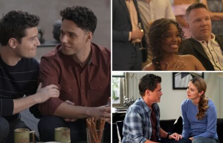 Ronen Rubinstein as T.K. and Rafael Silva as Carlos, Sierra McClain as Grace and Jim Parrack in Judd, and Rob Lowe as Owen and Amy Acker as Catherine in '9-1-1: Lone Star'