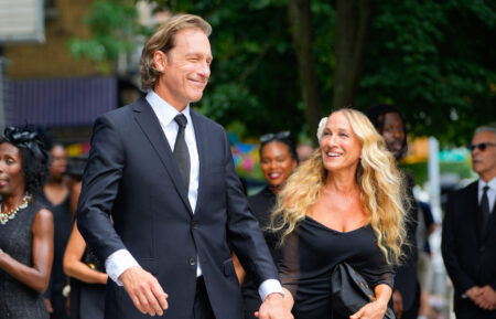 John Corbett and Sarah Jessica Parker on location for 'And Just Like That' on July 22, 2024 in New York City.